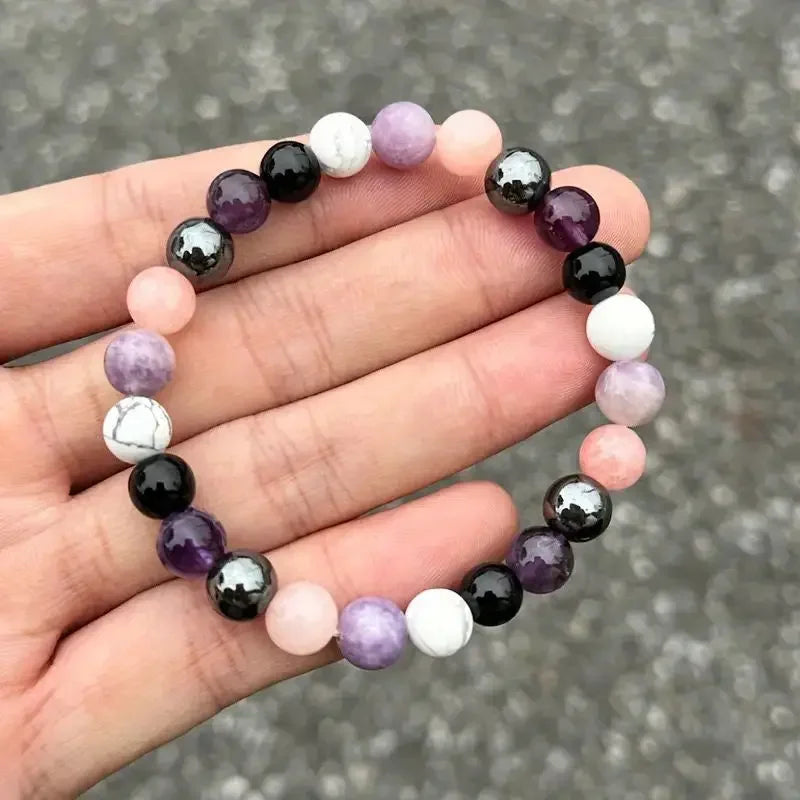 Stress Relief Bracelet: Amethyst, Black Tourmaline, Clear Quartz, Hematite, Lepidolite, Rose Quartz and White 8mm Round Crystal