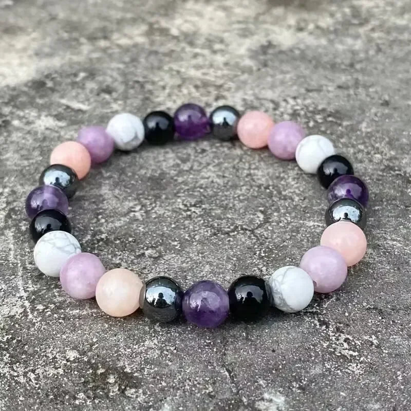 Stress Relief Bracelet: Amethyst, Black Tourmaline, Clear Quartz, Hematite, Lepidolite, Rose Quartz and White 8mm Round Crystal