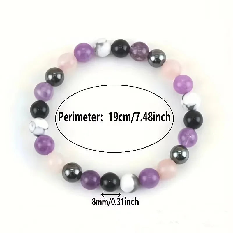 Stress Relief Bracelet: Amethyst, Black Tourmaline, Clear Quartz, Hematite, Lepidolite, Rose Quartz and White 8mm Round Crystal