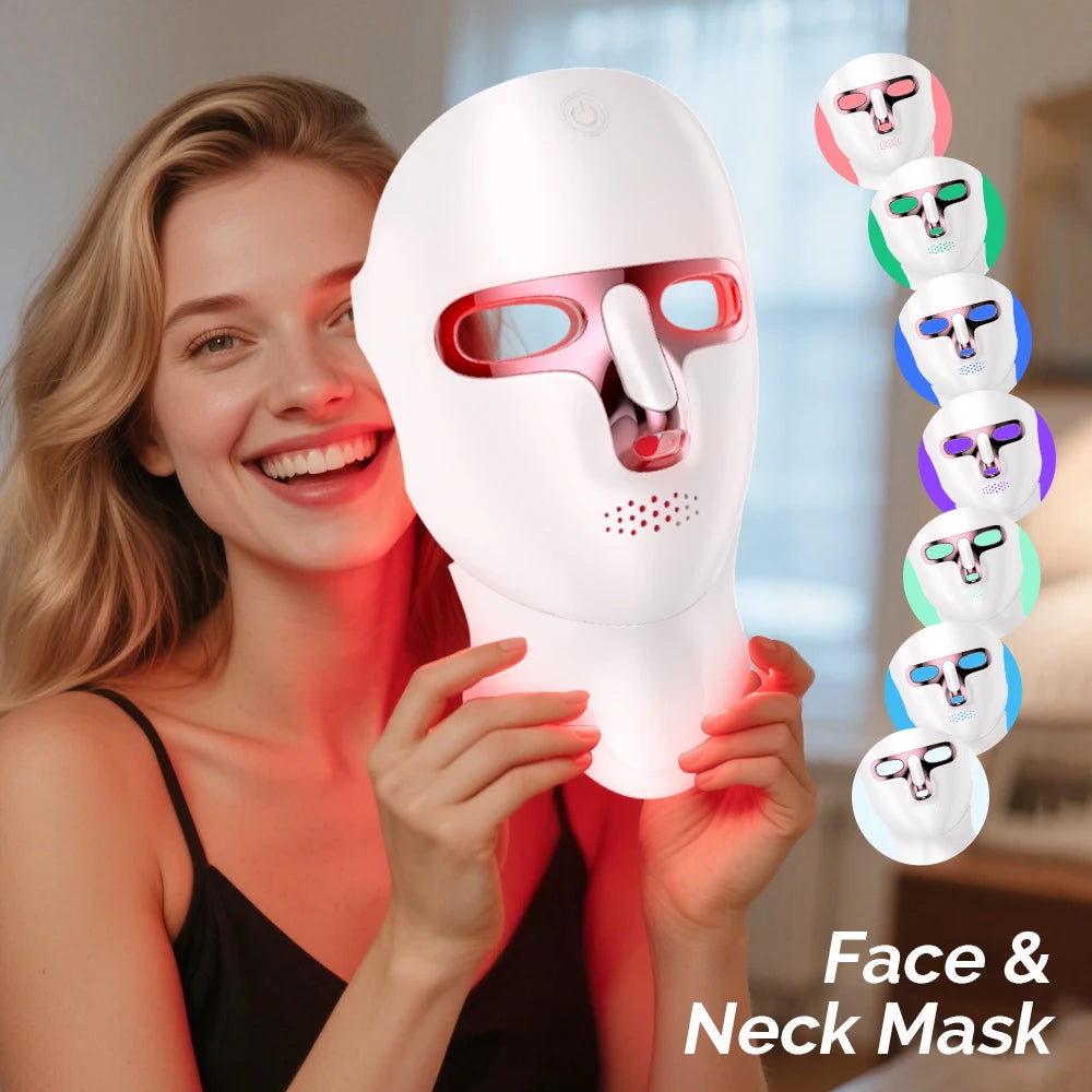7 Color LED Facial Mask Face and Neck Photon Skin Rejuvenation Whitening Tighten Rechargeable Neck Face Care Beauty Treatment