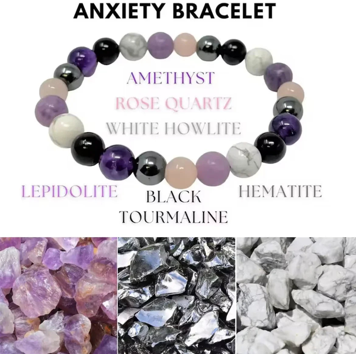 Stress Relief Bracelet: Amethyst, Black Tourmaline, Clear Quartz, Hematite, Lepidolite, Rose Quartz and White 8mm Round Crystal