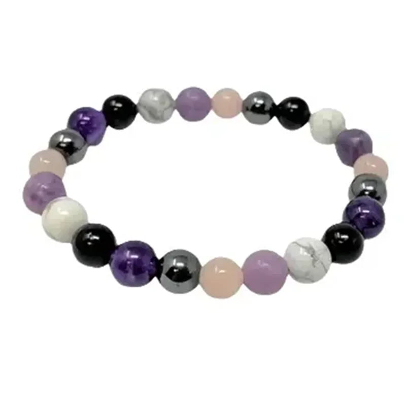 Stress Relief Bracelet: Amethyst, Black Tourmaline, Clear Quartz, Hematite, Lepidolite, Rose Quartz and White 8mm Round Crystal