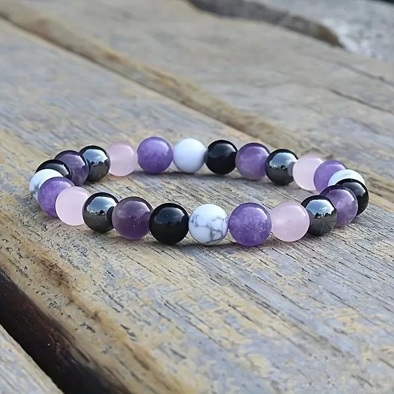 Stress Relief Bracelet: Amethyst, Black Tourmaline, Clear Quartz, Hematite, Lepidolite, Rose Quartz and White 8mm Round Crystal