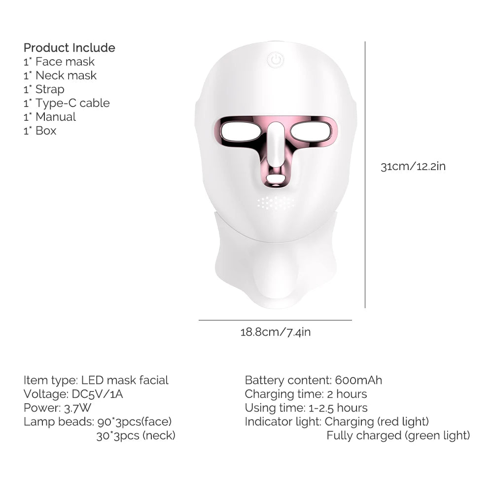 7 Color LED Facial Mask Face and Neck Photon Skin Rejuvenation Whitening Tighten Rechargeable Neck Face Care Beauty Treatment